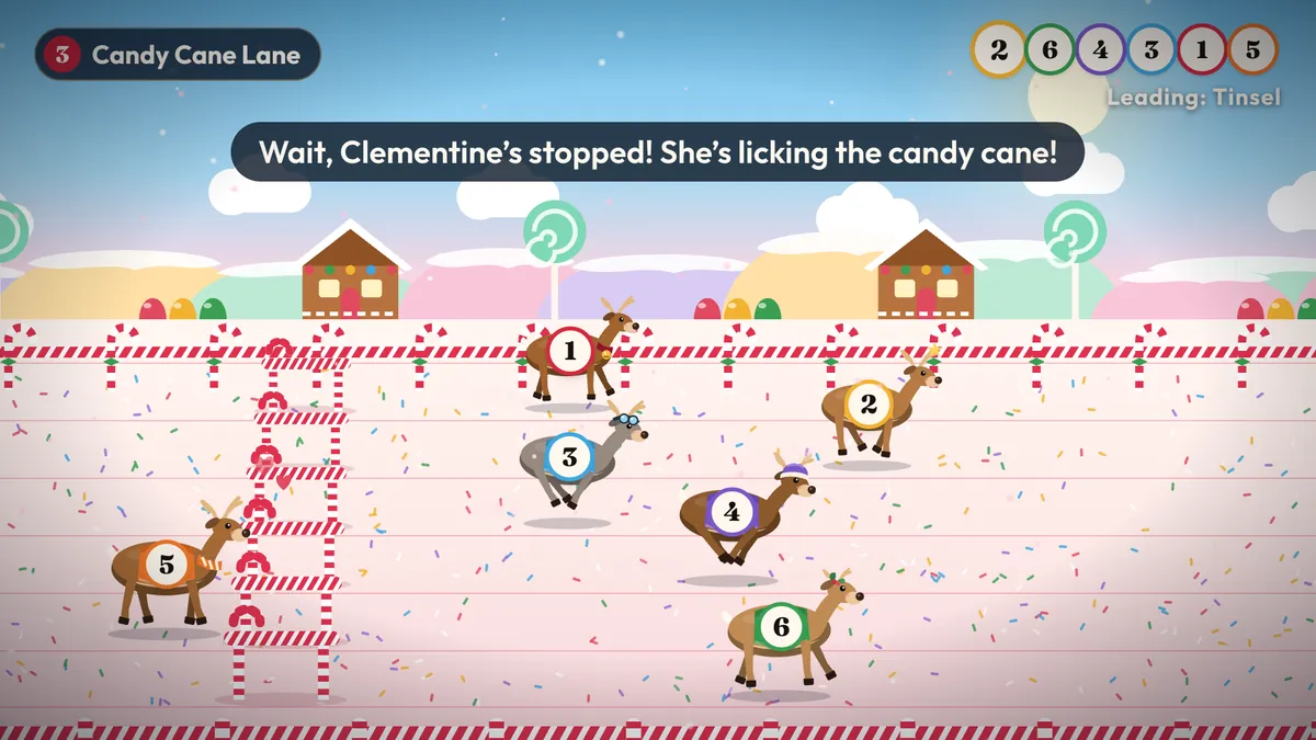 Race 3, Candy Cane Lane: the host shouts that Clementine has stopped to lick a candy cane