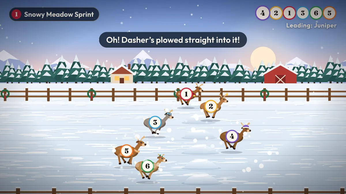 Race 1 of Christmas Race Night: a reindeer crashes into a snowdrift